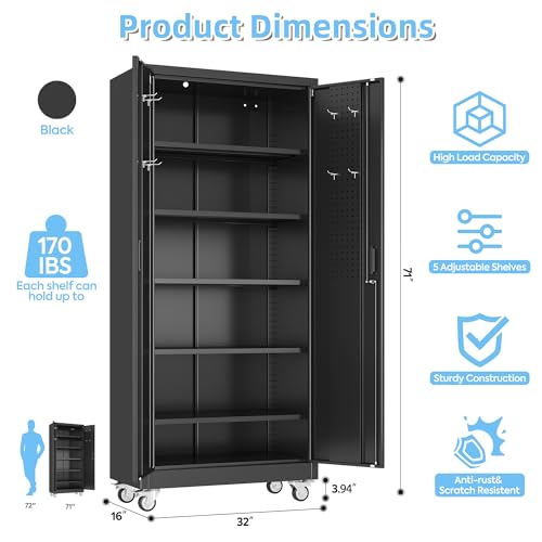 Image of Aobabo Metal Garage Storage Cabinet with Wheels and Pegboard, Black