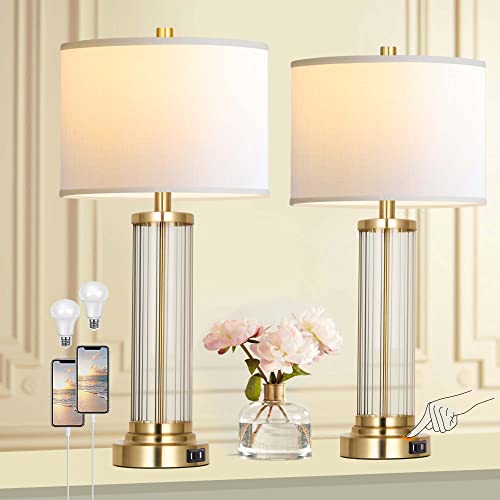 Qimh Touch Control Table Lamp Set Of 2 With Usb Ports, 3-Way Dimmable Nightstand Lamp With Fabric Cream Shade, Modern Bedside Lamp For Living Room Bedroom Reading, Led Bulbs Included #TOP6