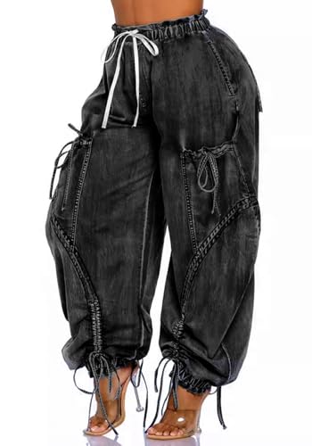 Women's Barrel Pants Y2k Baggy Cargo Jeans High Waisted Bow Tie Denim Pants with Drawstring Streetwear Black2