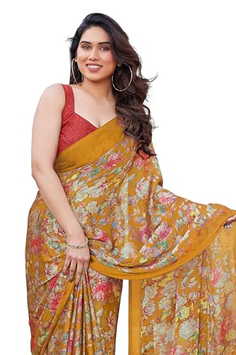 Image of MIRCHI FASHION Women Saree | Chiffon Leaf and Checked Print Professional Office Sari with Blouse