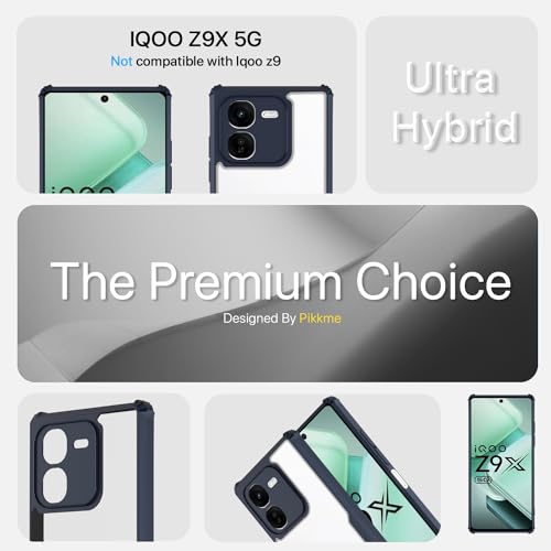 Image of Pikkme IQOO Z9x 5G Back Cover | Crystal Clear Transparent Back | Ultra Hyrbid | Full Camera Protection | Raised Edge | Bumper Back Case (Blue)