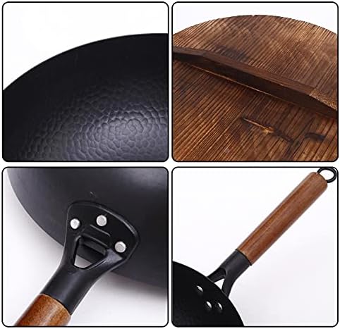 AEROBATICS Carbon Steel Wok Pan, Hand Hammered Wok With Wooden Handle, Stir Fry Pan With Lid, Traditional Cast Iron Wok For Electric Induction And Gas Stoves,Black