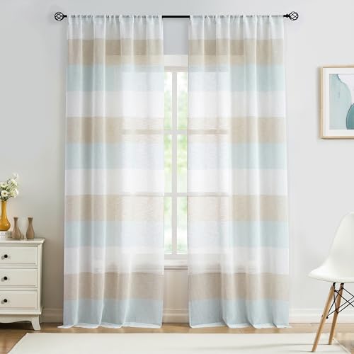 Central Park Painel de cortina de janela de linho listrado azul bronze e spa, tratamento de janela p