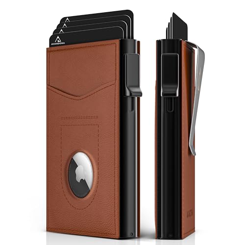 Airtag Wallet for Men - Leather Slim Wallet with Airtag Holder, Mens Minimalist Wallet with RFID Blocking & Money Clip, Gifts for Men - Light Brown