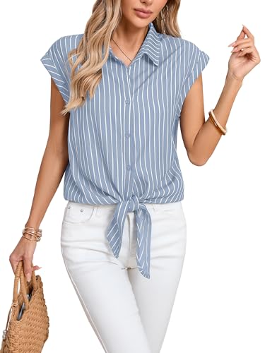 Poplab Womens Striped Button Down Shirts Short Sleeve Tie Front C...