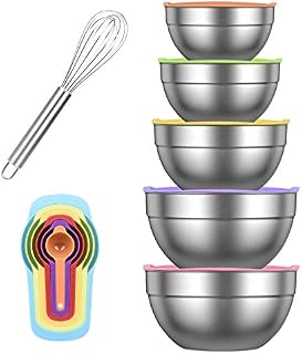 Mixing Bowl Set, Dveda 5 Pcs Stainless Steel Nesting Mixing Bowls Set, Salad Bowl with Lids for Kitchen Cooking Baking Supplies, Including 6 Pcs Measuring Spoons, 1 Pc Egg Whisk