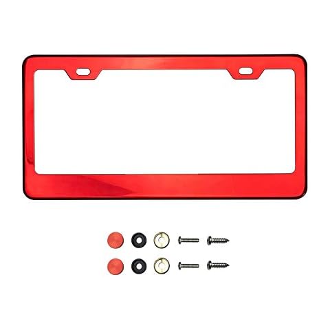 Red Chrome Mirror License Plate Frame T304 Stainless Steel + Metal Screw Caps Cover