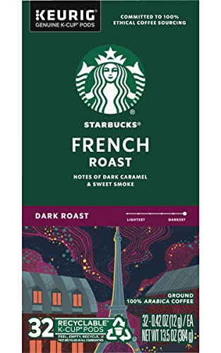 Image of Starbucks Coffee K-Cup Pods, French Roast, Dark Roast Coffee, Notes of Dark Caramel & Sweet Smoke, Keurig Genuine K-Cup Pods, 32 CT (Pack of 2)