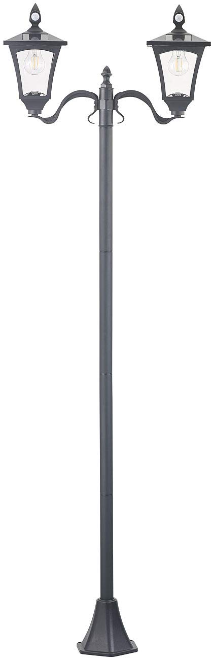Royal Gardineer Solar Parkleuchte: Solar-LED-Gartenlaterne,180 cm, 2 flammig, PIR- & Licht-Sensor (Wegeleuchte, Mastleuchte, Parkplatz)