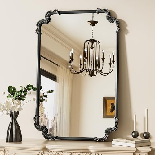 TETOTE Antique Black Rectangle Mirror for Mantle Fireplace 24 x 36 Baroque Vintage Ornate Scroll Wall Mirror with Metal Frame for Traditional Victorian French Decor, Horizontal/Vertical