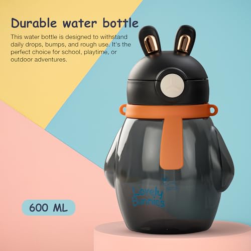 Image of Baybee Lovely Bunnies Kids Water Bottle 600ml | BPA Free & Leakproof Safe Sipper Bottle with Straw | Cute Rabbit Design Smooth Sipping with Handle & Neck Strap,Flip Lid for School Kids & Babys (Black)