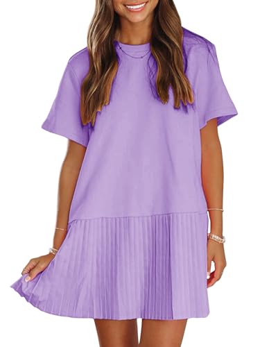 EXLURA Womens Summer Casual Short Sleeve Dress Crewneck Tshirt Dresses Pleated Aline Mini Dress 2025 Vacation Beach Sundress