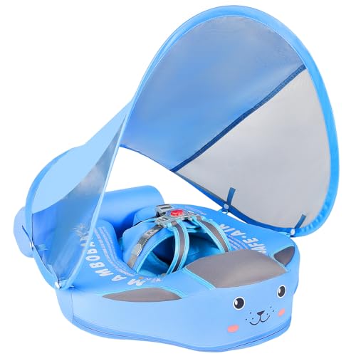 Image of Mambobaby Non-Inflatable Baby Pool Float with Tail and Canopy UPF 50+ Sun Protection No Flip Over Infant Swim Float Skin-Friendly Mambo Float Swim Trainer Solid Baby Swimming Ring