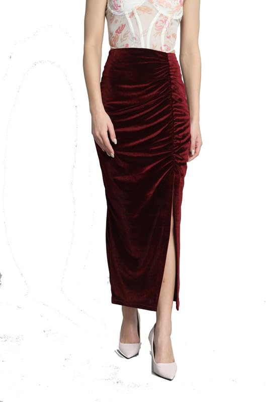 Vaararo Long Ruched Party Skirt for Women with Front Slit | Shiny Velvet Ankle Length Stylish Outfit Vaararo Long Ruched Party Skirt for Women with Front Slit | Shiny Velvet Ankle Length Stylish Outfit