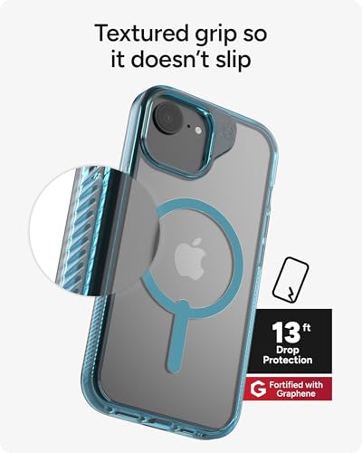 Image of ZAGG Santa Cruz Snap Case for iPhone 17e / 16e / 15 /14 / 13 - Slim, 13ft Drop Protection, Wireless Charging Compatible, Graphene Strength, 70% Recycled Material, Anti-Scratch, Clear, Retro Blue