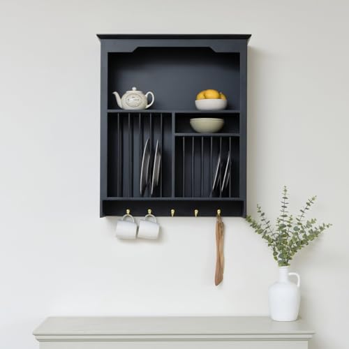 Image of Melody Maison Black Wall Mounted Plate Rack with Gold Hooks