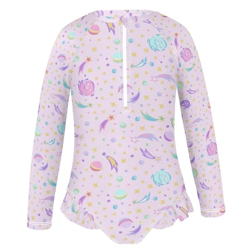 Wusikd Girls Long Sleeve Swimsuit Space Planets One Piece Bathing Suit Zipper Stars Pink Swimwear Sun Protection 5-6T2