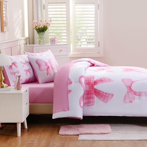 Image of DORCAS Bow Full Size Comforter Set for Girls,6 Pieces Bed in A Bag Pink Bow Bedding Sets with Sheets for Kids