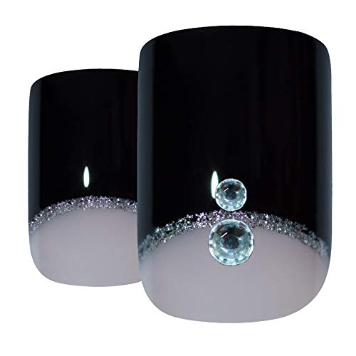 False Nails Bling Art French Fake Black Crystal Squoval 24 Acrylic Medium Tips