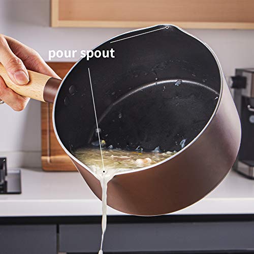 SKY LIGHT Sauce Pan 2 Quart, Nonstick Saucepan with Lid, Stone-Derived Granite Coating No-stick Saucier Pot, Ergonomics Wooden Handle, Pour Spouts Milk Pot, Induction Compatible, Brown