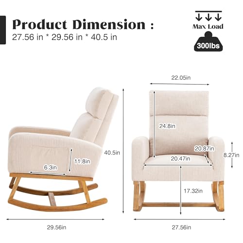 Image of HCHAIRH Rocking Chair Nursery, Nursing Rocker Chairs with High Backrest, Modern Glider Rocking Chair for Mom Nursery, Living Room, Bedroom, Beige