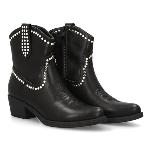 shoes&blues.es 96146 Botin Cowboy para Mujer con Tachuelas. Tacon bajo, Estampado Liso y Cierre de Cremallera, para Temporada Otono Invierno. Negro Talla 38