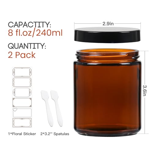 8 oz Amber Round Glass Jars, Pack of 2 with Black Lids, Cosmetics Containers for Face Cream Lotion, Powder, Candle, Spice, Body Butter2