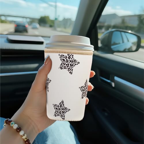 Image of Reusable Insulated Sleeve for Iced Coffee Cup, Coffee Neoprene Sleeve for Cold & Hot Drinks, Beverage Holder for Iced Coffee (Leopard Stars, Large: 32oz)