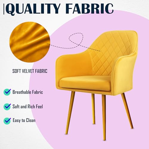 Image of Set of 2 Accent Chair for Living Room | Modern Armchair in Soft Velvet Fabric with Sturdy Legs | Premium Chair for Home Living Room Bedroom Restaurent | (Gold Legs, Yellow Burfi Design)