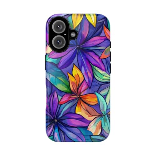 Coque iPhone 16 motif aquarelle floral multicolore fin des rayures coque brillante