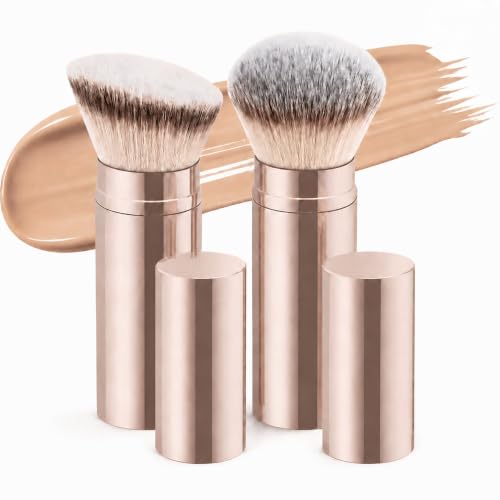 Pack de 2 Brochas de Maquillaje Kabuki Retráctiles, Cabezal Plano y Redondo, Color Champán, para Base, Colorete, Polvos, Iluminador y Productos Líquidos o en Crema, Cerdas Suaves, Formato de Viaje