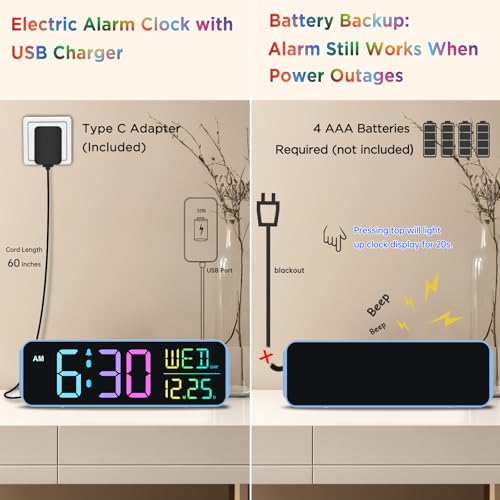 Image of Peakeep Loud Digital Alarm Clock Large Display for Bedrooms with Date, Day of Week, Auto DST, Desk Clock Electric Plug in for Living Room, Battery Backup, USB Port, 5 Dimmers