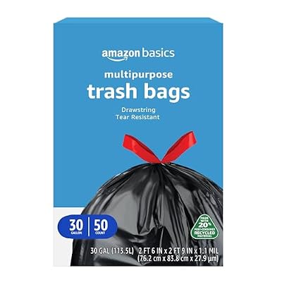 Amazon Basics 30 Gallon Multipurpose Drawstring Trash Bags, 20% Post Consumer Recycled, Black with Red Drawstring, 50 Count