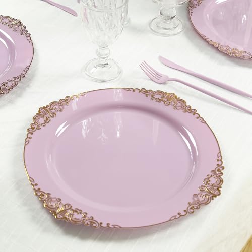 Efavormart 20-Pack 13" Lavender Lilac Gold Baroque Charger Plates, Round Embossed Dinner Serving Trays for Whimsical Garden Weddings and Spring Events