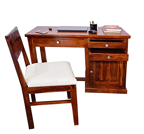 Image of Sheesham Wood Study Table for Bedroom 2 Drawer,1 Storage Cabinet with Keyboard Trey with Flora Chair with Matte Finished (Honey Oak Color)