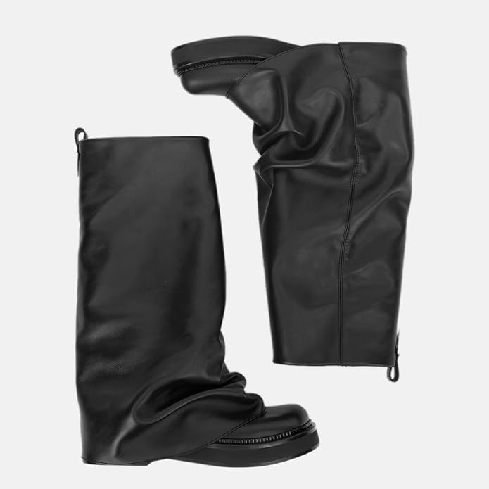 MAVMAX Women Fold Over Knee High Boots Casual Round Toe Coverd Slouched Leather Pull On Wide Calf Chunky Low Heel Platform Boots, 8, Black - Image 6