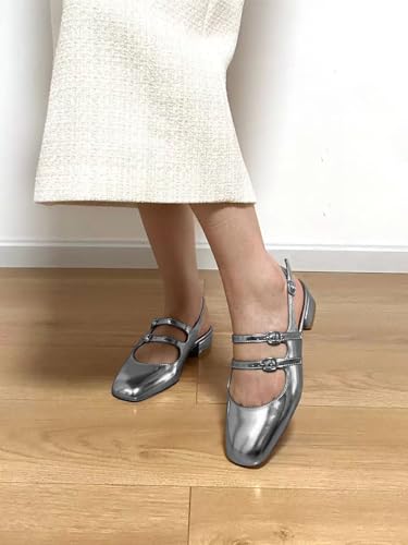 Image of anteikira Women's Round Toe Slingback Flats Closed Toe Double Strap Mary Jane Flats for Women 1 Inch Heel Dress Shoes Low Heel Causal Work Office Pumps for Women Size 5.5-12US