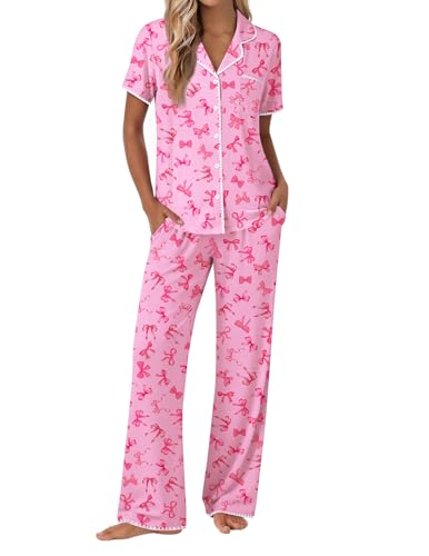 Image of Ekouaer Pajamas for Women Set Button Up Soft Pjs Short Sleeve 2 Piece Lounge Sets Comfy Sleepwear