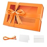 PACKQUEEN Large Orange Gift Box with Window, 13.5x9x4.1 Inches Clear Gift Box for Present Contains Ribbon, Card, Bridesmaid Proposal Box, Extra Large Gift Box with Magnetic Lid (Matte Orange)
