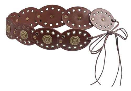 Wide-Disc-Hollow-Belt for Women - Boho Concho Lace-up PU-Leather Waist Belt for Dress Jeans