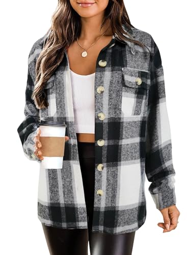 HOTOUCH Women's Shoulder Drop Flannel Plaid Shirts Long Sleeve Shacket Coat Classic Checked Button Down Shirt Jackets Grey