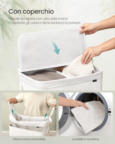 SONGMICS Cesto Portabiancheria, 100 L, Cesta Biancheria a 2 Scomparti in Bambù, Coperchio, Maniglie, Pieghevole, Sacco Rimovibile e Lavabile in Lavatrice, Lavanderia, Casa, Bagno, Bianco LCB64WT - Immagine 2