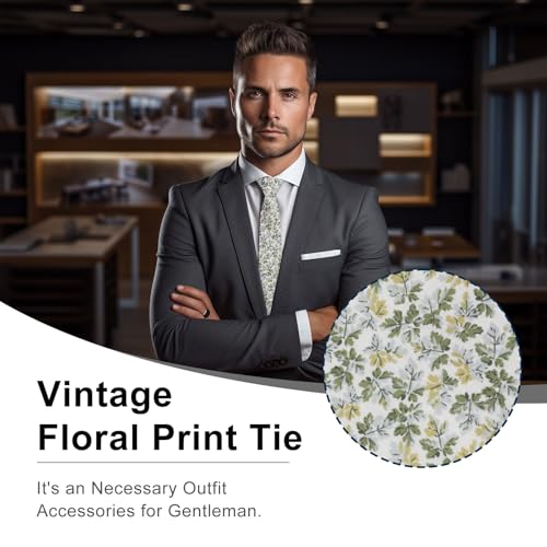 Image of Luckyvestir Ties for Men, Sage Green Cotton Floral Tie 2.76 inch Flower Printed Men's Neckties for Wedding /Groomsmen /Suit /Party