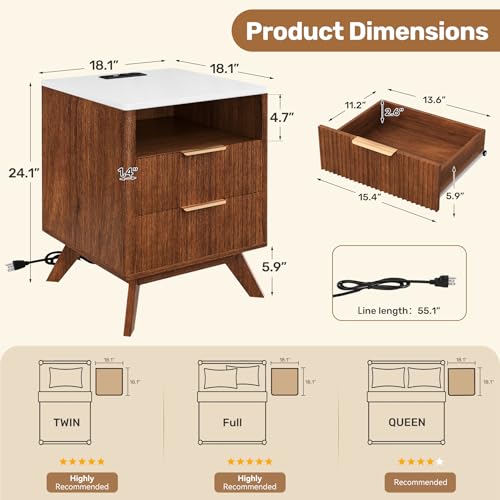 Image of Nebuaegis Modern Nightstand,Side Table with Charging Station,Bedside Tables with Drawer,Mid-Century End Tables Set (1-Piece),Walnut