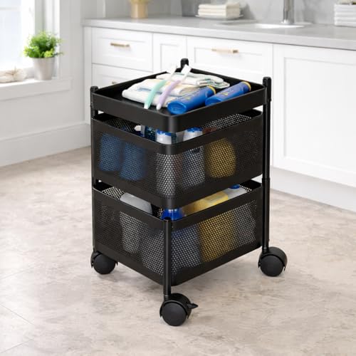 Image of RADIANT 2 Layer Multipurpose Plastic Trolley with Dish Rack for Kitchen Fruit Vegetable Storage Basket Kitchenware Food, Snacks, Toys, Tiered Shelf (Black) (Square Trolley - 2 Layer)
