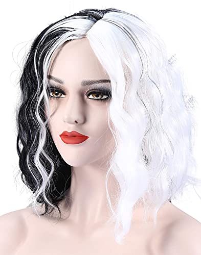Wigs Cosplay Wig Black And White Womens Wavy Curly Short Hair Wig For Halloween Party With Wig Cap And Comb (Black And White - 14Inch) #TOP3