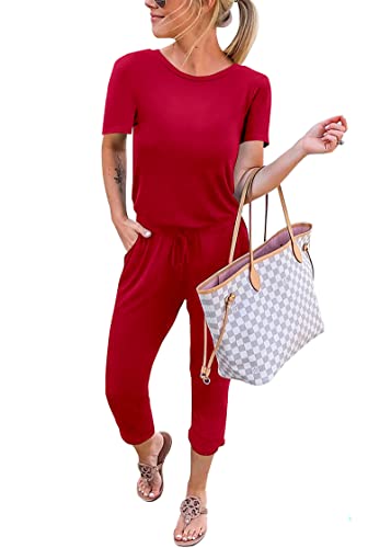 KIRUNDO Jumpsuits for Women Summer 2026 Casual Short Sleeve One Piece Outfits Drawstring Waist Long Pants Romper Jumpers(Red, X-Large)