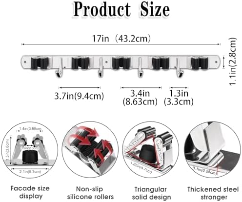 5 Racks and 4 Hooks Mop and Broom Holder Wall Mount, Broom Organizer Storage Tool Racks Stainless Steel Heavy Duty Hooks Self Adhesive Solid Non-slip for Home Kitchen Garden Laundry Garage - 2