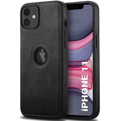 Image of TheGiftKart Genuine Leather Finish Back Cover Case for iPhone 11 | Shockproof Design | Raised Edges for Camera & Screen Protection | Stunning Minimalist Design Back Case Cover (Black Sides, Black)