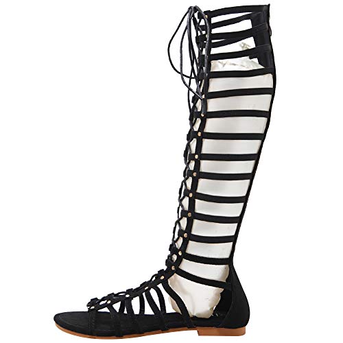 ANUFER Women Knee High Gladiator Sandals Boots Flat Lace Up Zip Roman Strappy Sandals2